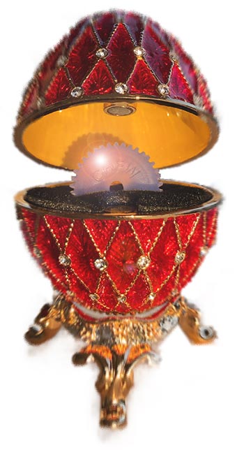 Ett Fabergéägg med en CHEWPEER inuti istället för ring.